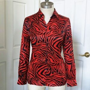 VINTAGE 100% Silk Red Black Animal Print Top Long Sleeve Tiger Zebra Stripe